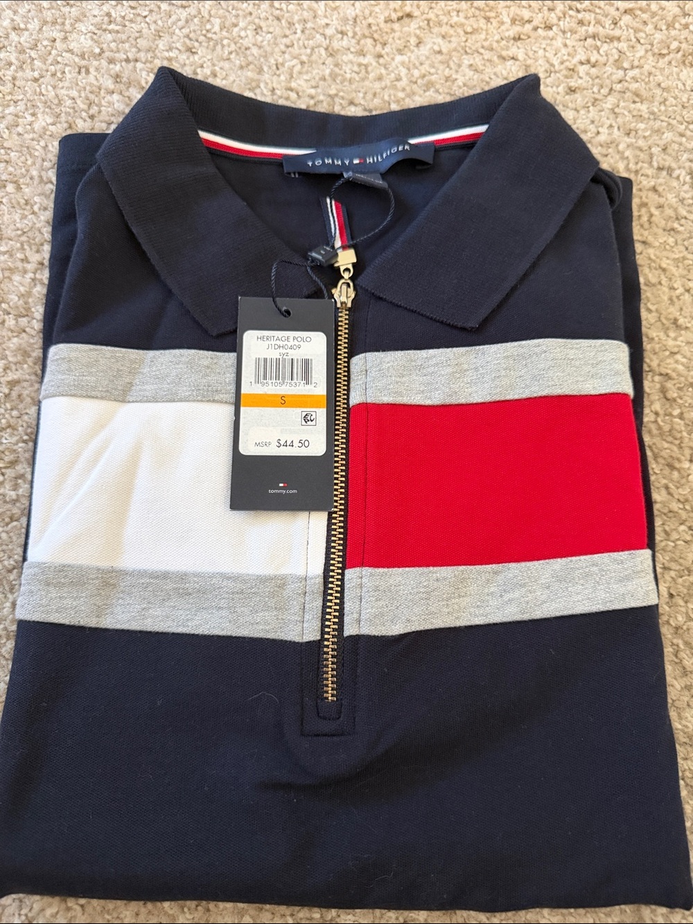Tommy Hilfiger Men’s Navy Zip Sweater with Red & White Panels